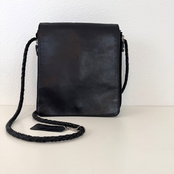 Vintage 90s Y2KBlack Leather Organizer Crossbody Bag Braided‎Made In India